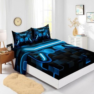 Gamepad Fitted Sheet Twin Size – 4Pcs Gaming Bedding Set with 1 Flat Sheet, 1 Fitted Sheet, 2 Pillowcases, Vintage Video Game Console Geometry Design - 1 of 4