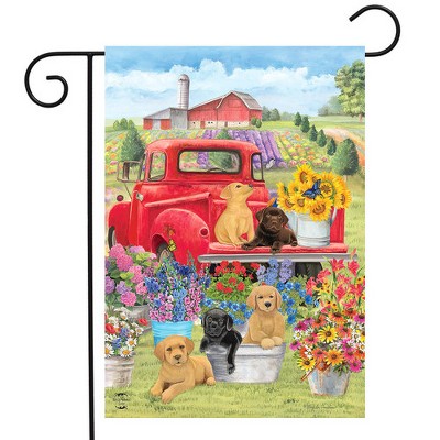 Spring Day Puppies Garden Flag with Red Truck and Flowers