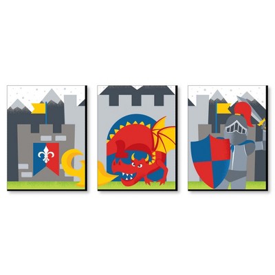 Big Dot of Happiness Calling All Knights and Dragons - Medieval Nursery Wall Art and Kids Room Decor - 7.5 x 10 inches - Set of 3 Prints