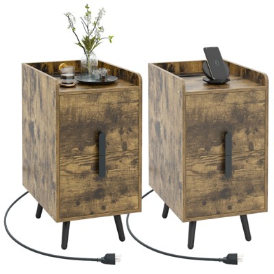 Tangkula Set of 2 Nightstand w/ Charging Station Home Bedside Sofa Side Tables w/ 2 Drawers