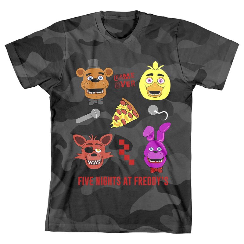 Five Night at Freddys Characters Black Camo Youth Boys Tee Shirt, 1 of 2