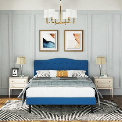 VECELO Upholstered Bed Wooden Platform Bed with Velvet Adjustable Headboard No Box Spring Neededs Frame