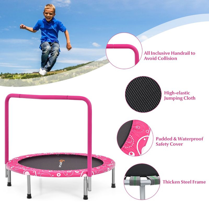Costway 36'' Kids Trampoline Rebounder W/Full Covered Handrail & Pad Indoor Outdoor Pink\Blue, 3 of 13