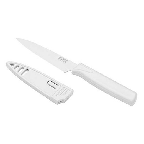 Kuhn Rikon Colori Non-Stick Serrated Paring Knife with Safety Sheath, 4  inch, Gray