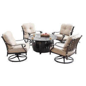 Oakland Living 5pc Deep Seating Swivel Aluminum Outdoor Patio Fire Pit Dining Set with Round Fire Table with Stripe Patterned Lid Copper - 1 of 4