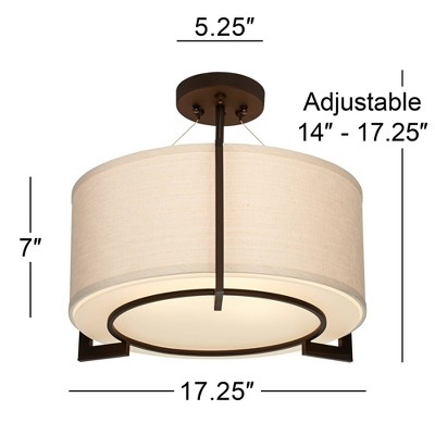 Bronze Semi Flush Mount Ceiling Light with Beige Linen Drum Shade