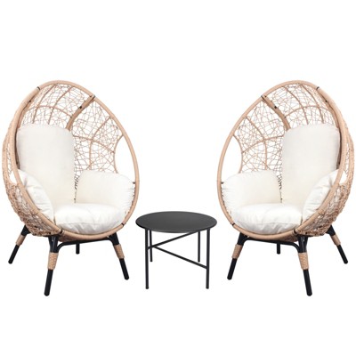 VisioGear 3 Pieces Patio Egg Chairs with Side Table, Wicker Weaving Egg Chair with Oversized Semi-enclosed Cushion for Living Room Balcony, Beige,