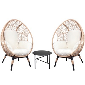 VisioGear 3 Pieces Patio Egg Chairs with Side Table, Wicker Weaving Egg Chair with Oversized Semi-enclosed Cushion for Living Room Balcony, Beige, - 1 of 4