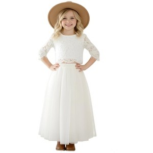 2Bunnies Girls' 3T-14yr 2 Piece Lace Top Tulle Skirt Boho Rustic Flower Girl Dress Set White 3T