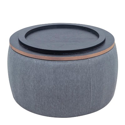 HomeRoots 26" Dark Gray and Natural Fabric And Wood Reversible Tray Top Round Storage Ottoman