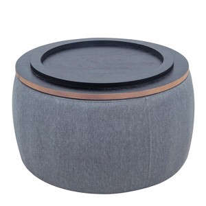 HomeRoots 26" Dark Gray and Natural Fabric And Wood Reversible Tray Top Round Storage Ottoman - 1 of 4
