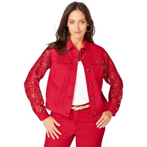 Jessica London Women's Plus Size Lace Sleeve Denim Jacket - 1 of 4