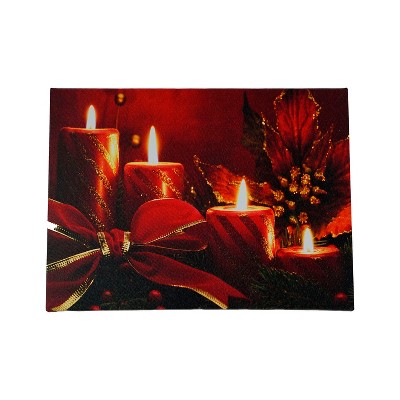 Northlight Red LED Lighted Glitter Striped Candles with Poinsettia and Bow Christmas Wall Art 12" x 15.75"