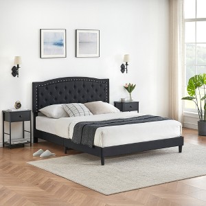 Full Size Upholstered Bed Frame with Adjustable Headboard Button-Tufted Wing Back Headboard - 1 of 4