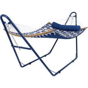 Sunnydaze Outdoor 2-Person Double Polyester Quilted Hammock with Wood Curved Spreader Bar and Matte Blue Steel Stand - Navy and Gray Tiled Octagon - 1 of 4