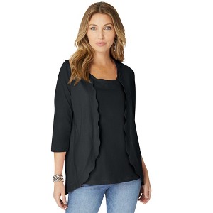 Roaman's Women's Plus Size Scalloped Cardigan And Tank Set - 1 of 4