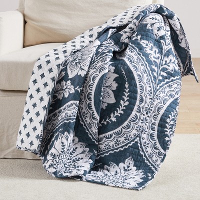 Abelia Floral Quilted Throw Navy  - Levtex Home