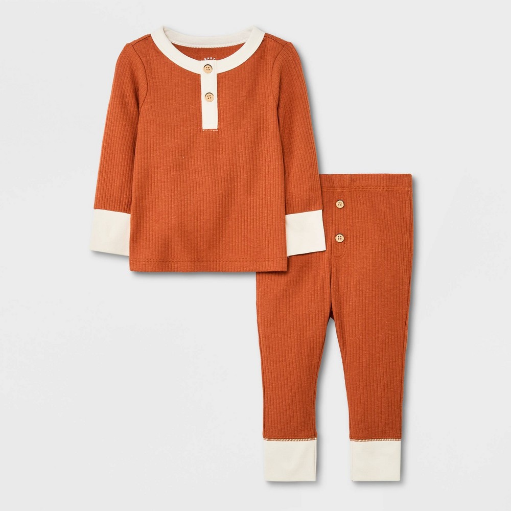 Size 6-9 M Baby Boys' 2pc Rib Henley Top & Bottom Set - Cat & Jack Orange 3-6M