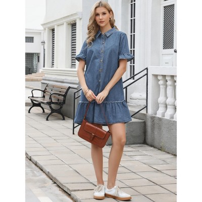 Женские платья INSPIRE CHIC Women's Denim Ruffle Sleeve Button Up Turndown Collar Casual Shift Mini Jean Dresses Large Blue — фото 4