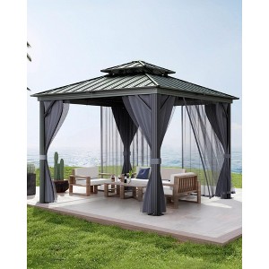 Hardtop Gazebo  for All Weather, with Double Metal Roof, Aluminum Alloy Frame, Net, and Curtain, Permanent Building for Patio, Deck, Backyard, Lawn - 1 of 1