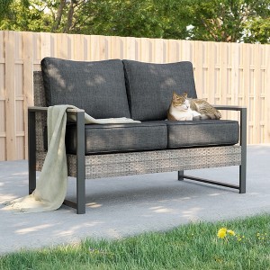 Sonkuki Loveseat Sofa, All-Weather PE Rattan Wicker Set Patio Conversation Couch with Cushion - 1 of 4