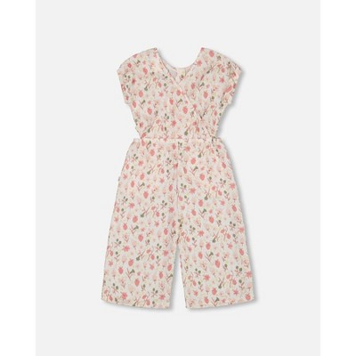 Deux par Deux Girl Printed Seersucker Jumpsuit with Cut Outs Pink Flowers on Cream Background