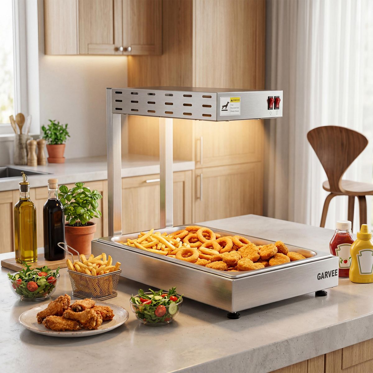 Commercial Infrared Food Warmer Lamp with Stainless Steel Base for Buffets & Restaurants, Heat Station for Fried Food, Silver Finish, 10L Capacity