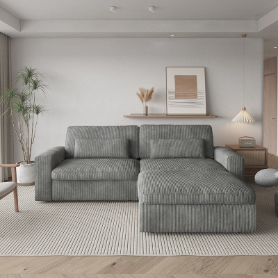 Vipbear Sectional Couch With Armrests, Modular Deep Seat Sofa With Ottoman, 89" Modern Corduroy Couches For Living Room, Apartment, Office, Gray/Beige