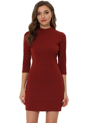 Allegra K Women's Mock Neck 3/4 Sleeve Slim Office Work Checked Plaid Dress