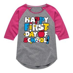 Girls' - Instant Message - Happy First Day Of School Shirt Tail Raglan Graphic T-shirt - 1 of 3