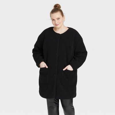 Women's Plus Size Sherpa Overcoat Jacket - Ava & Viv™ Black X