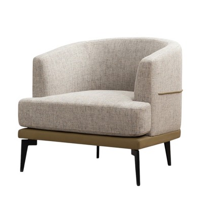 HomeRoots 29" Beige Camel and Black Tufted Linen Solid and Manufactured Wood Barrel Chair