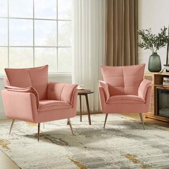 Set of 2 Jonat Contemporary Velvet Wooden Upholstered Armchair with Metal Legs for Bedroom and Living Room | ARTFUL LIVING DESIGN