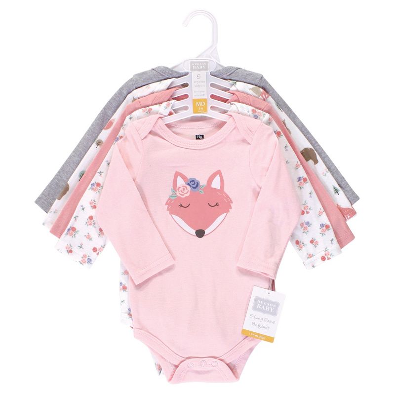 Hudson Baby Infant Girl Cotton Long-Sleeve Bodysuits 5pk, Girl Fox, 3 of 4