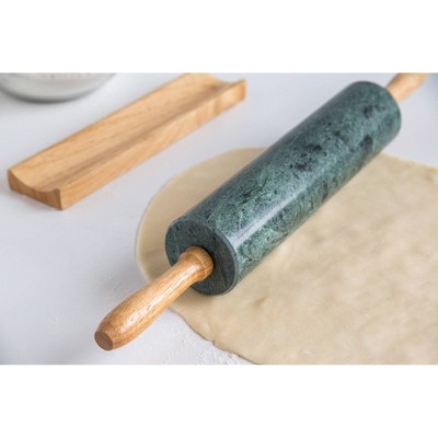 Green Marble Rolling Pin with Wooden Handles and Base
