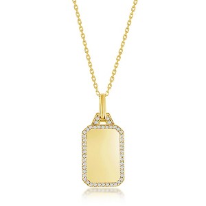 Bella Silver Sterling Silver Rectangle Dog Tag w/CZ Border Necklace - Gold Plated - Gold - 16+2 Inch - 1 of 2
