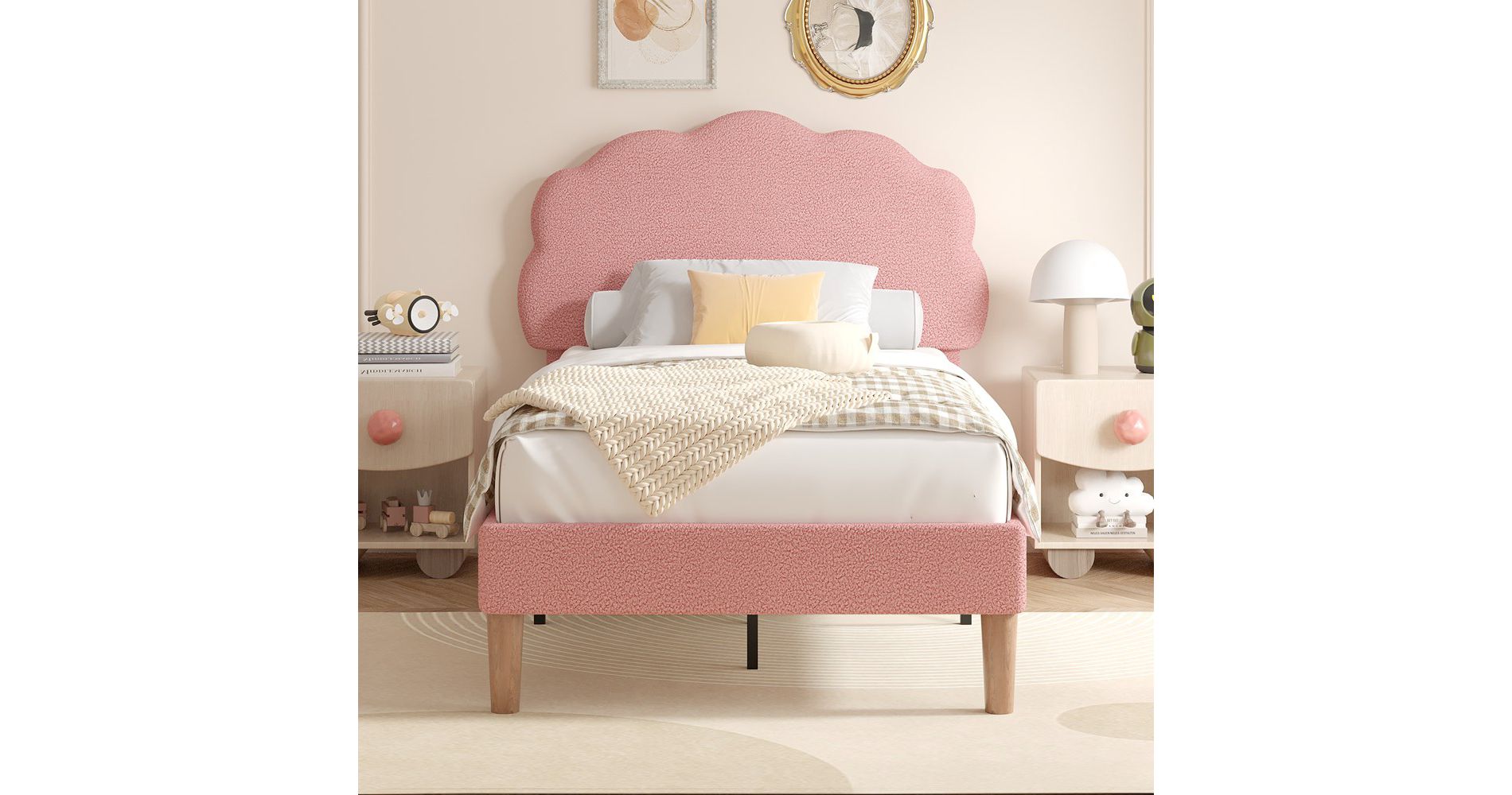 VECELO Wooden Cloud-Shaped Kids Bed Frame Upholstered Platform Bed with Adjustable Headboard, No Box Spring Needed, Pink