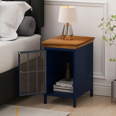 INFURNIC Nightstands Modern Nightstand with Storage Cabinet and Solid Wood Top for Bedroom Living Room, Blue, 12.2"*15.75"*20.08"