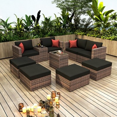 YOOCOZZ Outdoor 10-Piece Sectional Sofa Set with Thick Cushions and Pillows, Convertible Design - Brown