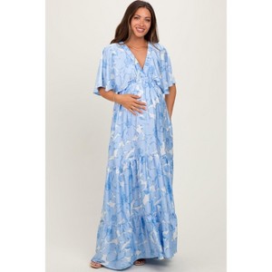 Pinkblush Light Blue Floral Short Sleeve Deep V-Neck Tiered Maternity Maxi Dress - 1 of 4
