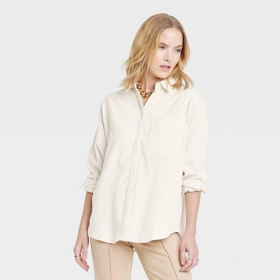 Women's Long Sleeve Corduroy Button-Down Boyfriend Shirt - A New Day™ Cream