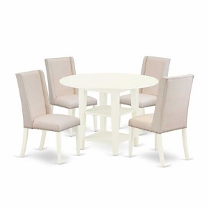 HomeStock 5-Pc Linen White Finish Solid Wood Top - Round Dining Room Set - Seats 4 - 1 of 4