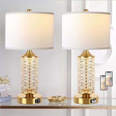 ROTTOGOON Set of 2 Table Lamps with USB Ports, Modern Bedside Lamp with LED Night Light for Bedroom, Nightstand Lamps for Living Room Office