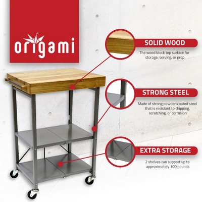 Foldable Silver Kitchen Cart with Wood Butcher Block Top