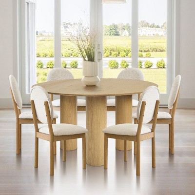 7-Piece Round Dining Table Set, 52" White Oak Pedestal Table with 6 Boucle Chairs for Kitchen & Dining Room-Maison Boucle‎