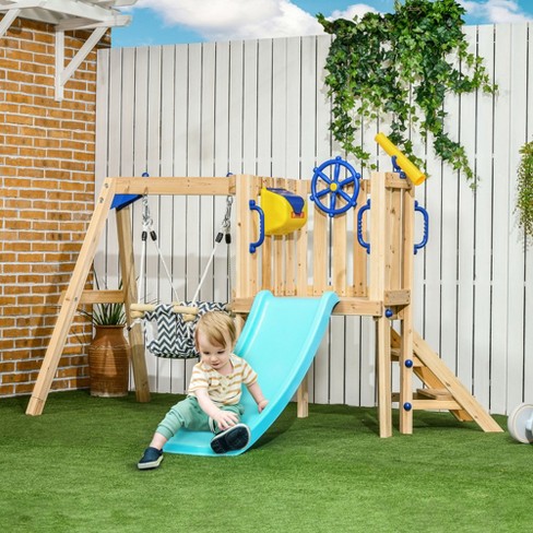 Outsunny 3 In 1 Wooden Swing Set Outdoor Playset With Baby Swing Seat Toddler Slide Ages 1.5 4 Target