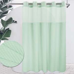 No Hook Needed Cotton Blend Waffle Weave Shower Curtain with Snap-In Liner, Top Sheer Window - 1 of 4