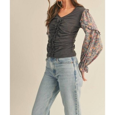 Women's Floral Puff Sleeve Ruched Top - Graphite Grey - &merci