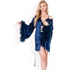 Anna-Kaci Lounge Women's Black Feather Trim Satin Robe with Bralette and High Waist Shorts Three-Piece Lounge Set- Black,Small - 3 of 4