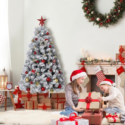4.5/6/7.5/9 ft Flocked Artificial Christmas Tree, Prelit with LED Lights, 8 Lighting Modes, Easy Foldable Stand, Foot Pedal, Holiday Decor